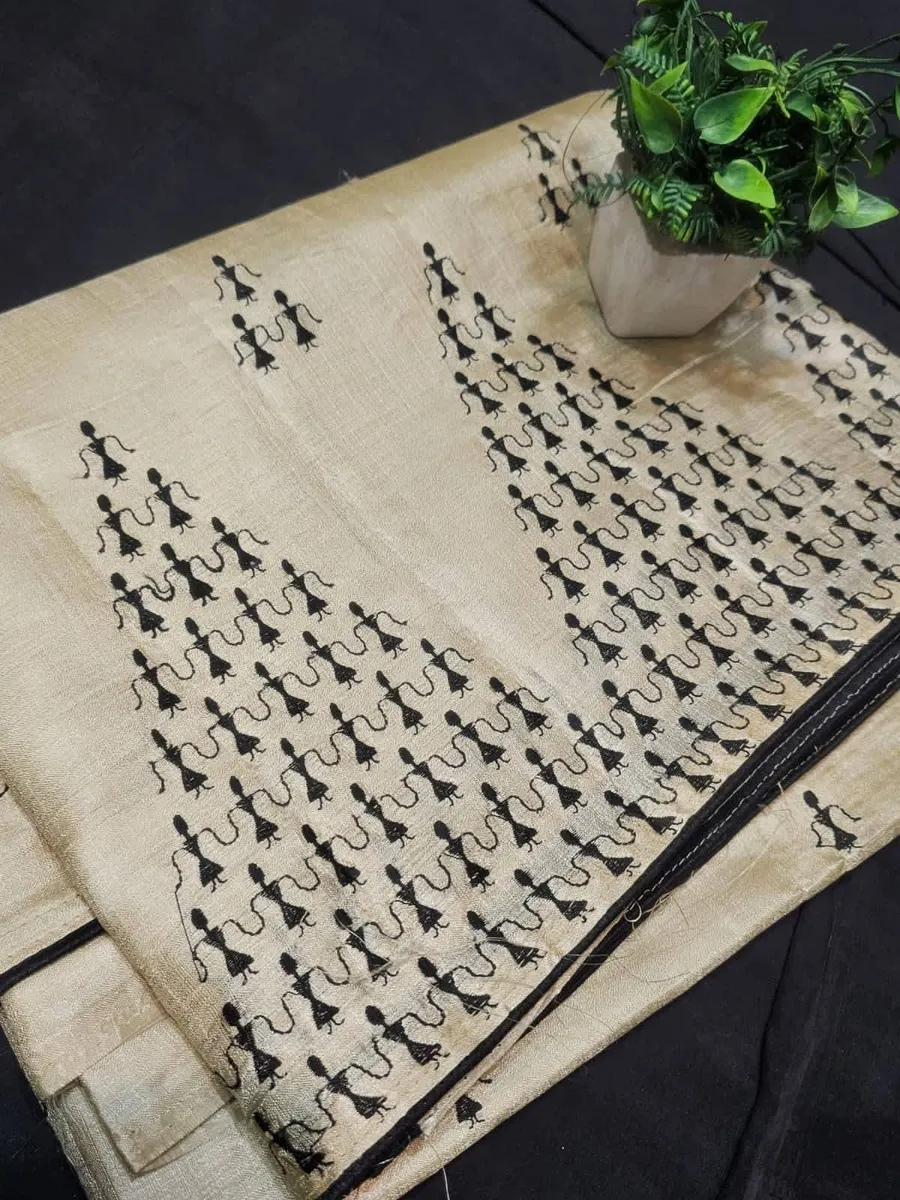 PURE KORIAN TUSSAR SILK EMBROIDERY SAREES 